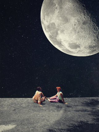 Two people sit together under a large, bright moon in a starry night sky—art by Frank Moth.