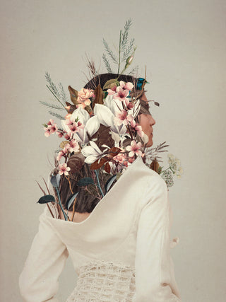 Surreal art of a woman in white with flowers and leaves blooming from her back, from You Gifted Me an Autumn.