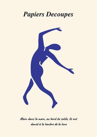 Abstract blue dancer silhouette inspired by Matisse, with French text on a beige background.