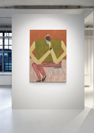 Take a Moment by Studio IMO displayed in a bright gallery, featuring an abstract figure with bold shapes and colors.