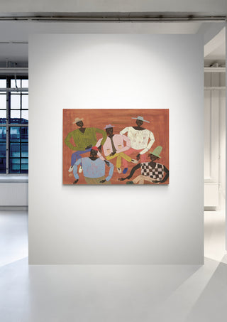 Painting of five abstract figures in warm tones displayed on a white gallery wall at Studio IMO.