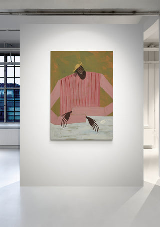 Painting of a seated figure with dark skin, pink clothing, and yellow hat displayed in a modern gallery space.