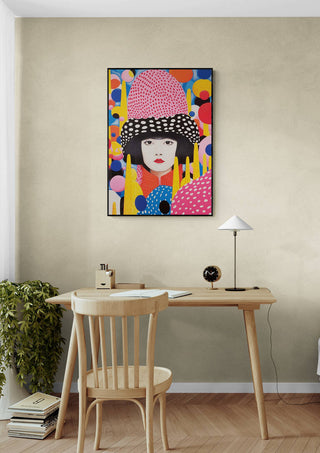 Framed Young Kusama - Vincent V. art print hanging above a minimal desk with chair and lamp in a modern room.