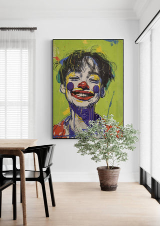 Colorful painting of a smiling clown-faced person, "Whatever You Want" by Tara Green, hanging in a modern dining room.