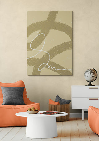 Drift Loop II - Yuli abstract wall art above a modern living room setup with orange chairs and white table.