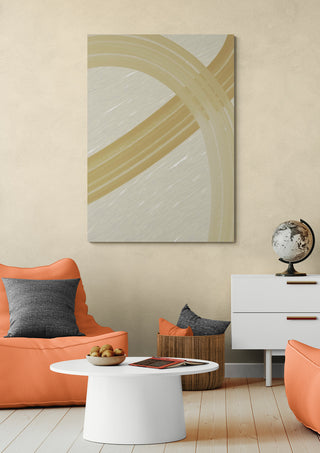Clay Motion II - Yuli abstract wall art in a modern living room with orange chairs and minimalist decor.