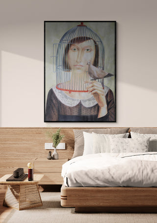 Framed "The Gentle Prison" artwork by Alesandr Mihaltchuk displayed above a modern bedroom bed.