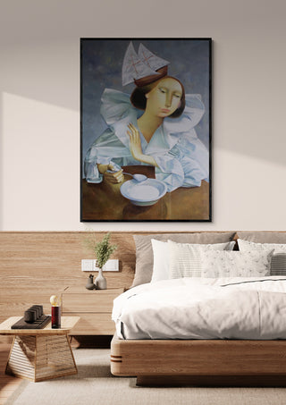 Framed print of "The Quiet Crossing" by Alesandr Mihaltchuk displayed above a modern bedroom bed.