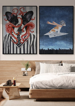 Art print of a Jack Russell wearing a scarf, flying on a paper plane against a starry night sky above city.