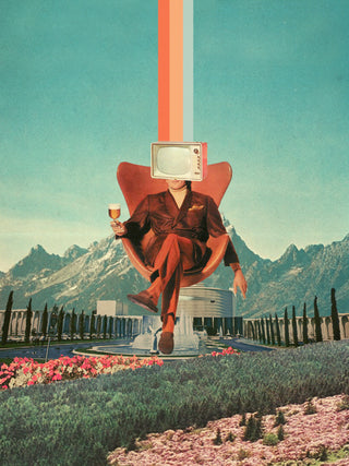 Surreal art print of a person with a TV for a head, seated in a chair, mountains and flowers in the background.