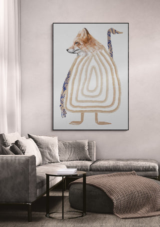 Framed DitAyt Kompis - Gabriella Roberg artwork featuring a whimsical fox figure above a modern sofa.