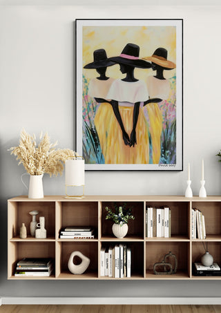 "Fields of Love" by David Wolf displayed above a modern bookshelf with vases, books, and dried flowers.