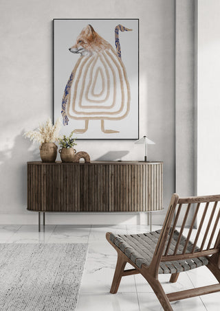 DitAyt Kompis by Gabriella Roberg displayed above a wooden sideboard in a modern living room setting.