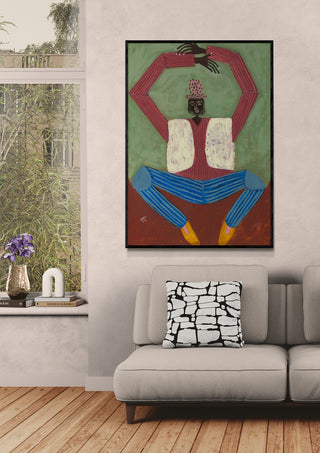 Painting of a colorful, abstract figure hanging above a beige sofa in a modern living room, for Open Up - Studio IMO.