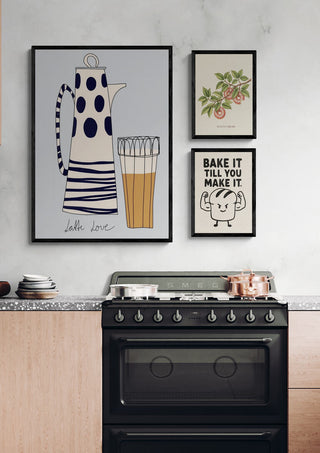 Framed Latte Love coffee pot art hangs above a kitchen stove, styled with minimalist decor.