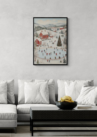 Framed artwork featuring a snowy village and people ice skating, displayed above a modern living room sofa.