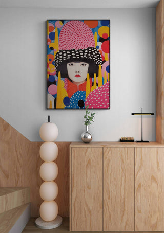Colorful Young Kusama - Vincent V. portrait hangs above a modern wood cabinet in a minimalist interior setting.