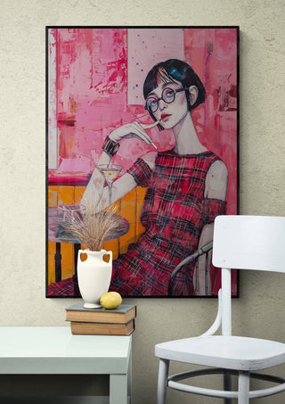 Framed "Wicked Game - Tara Green" artwork featuring a woman in glasses and red dress with a pink background.