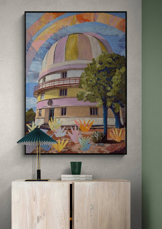 Framed artwork of a domed building with trees and colorful accents, featured on Meet Me At The Mill - Eleanor Baker.