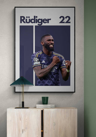 Antonio Rüdiger football poster featuring him celebrating, with "Rüdiger 22" displayed above.