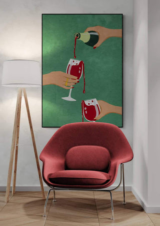 Framed Cheers Girls - Raissa Oltmanns artwork above a modern red chair and floor lamp in a stylish room.