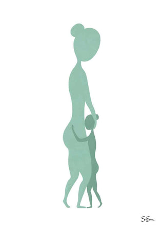Minimalist art print of a parent and child in green hues, featured on a Sara Sonne - Home Kunstposter product page.