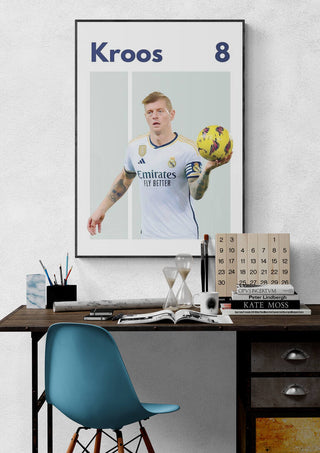 Toni Kroos Real Madrid poster featuring Kroos in uniform holding a yellow football, number 8 at the top.